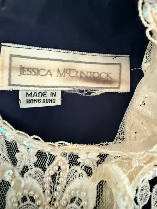 Vintage 1990 Jessica McClintock Blue Velvet Dress | Lace Bib | Tea Length - Picture 6 of 12